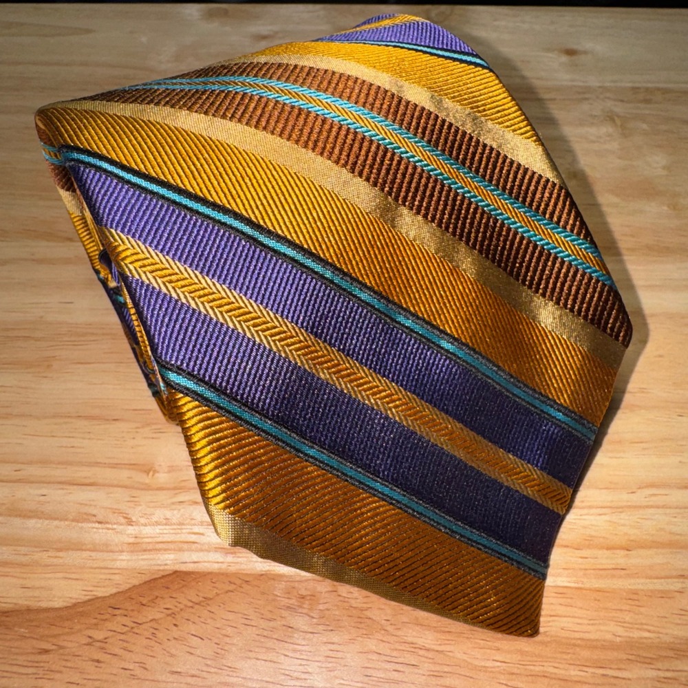 Robert Talbott Studio Mens Silk Tie Gold Purple Brown Striped Hand Sewn USA